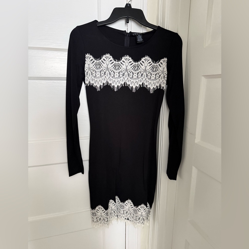 Aqua Black Dress with White Lace Accents